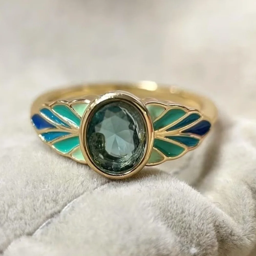 Art Deco Style Oval Zircon Stone Enamel Ring Gold Tone Green Blue Size 7